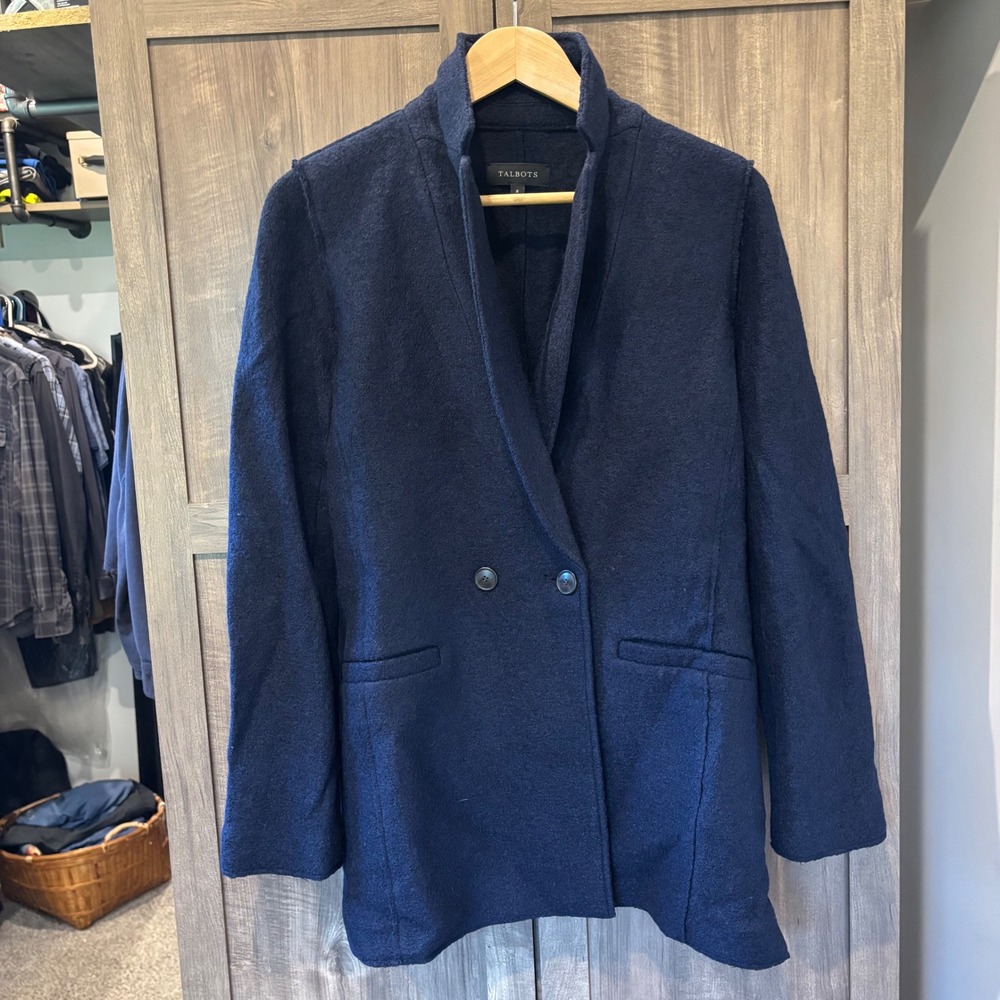 Talbots Navy Blue Boiled Wool Blend Double Breasted Blazer Coat Womens 8